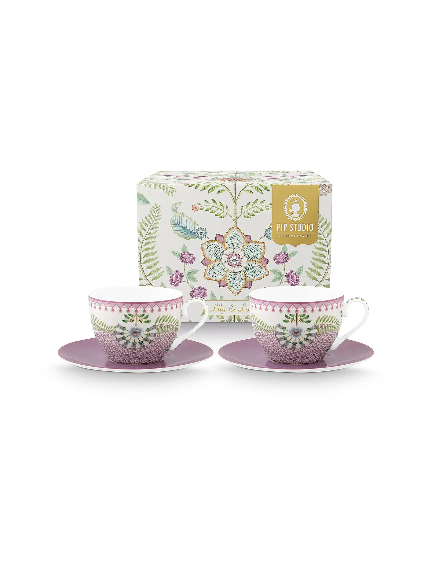 PIP STUDIO | Cappuccino Tassen mit Untertassen 2er Set  LILY & LOTUS 280ml Light Green | lila
